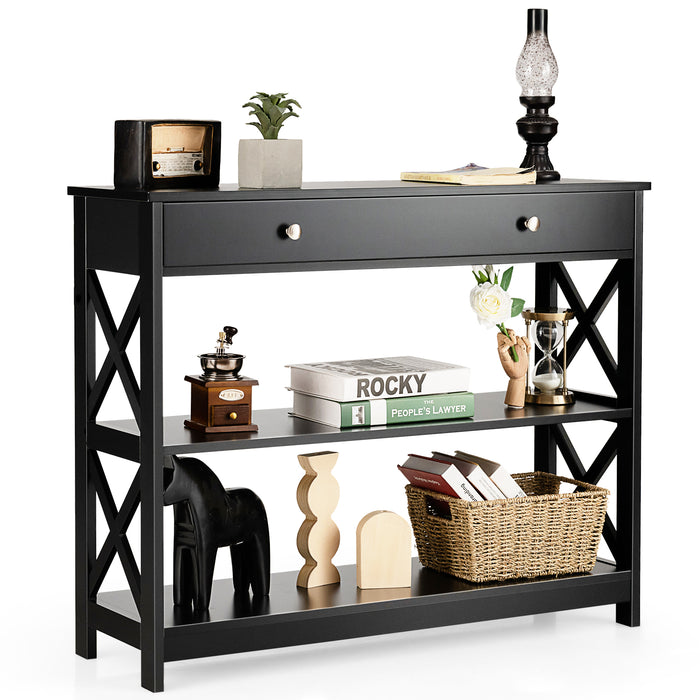 Console Table 3-Tier with Drawer and Storage Shelves-Black