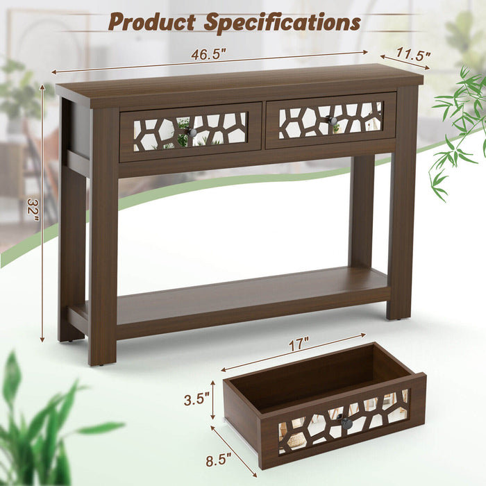 2-Tier Console Table with Drawers and Open Storage Shelf-Brown