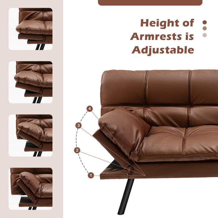 Convertible Memory Foam Futon Sofa Bed with Adjustable Armrest-Brown