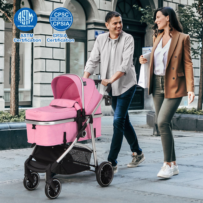 2-in-1 Convertible Baby Stroller with Reversible Seat-Pink