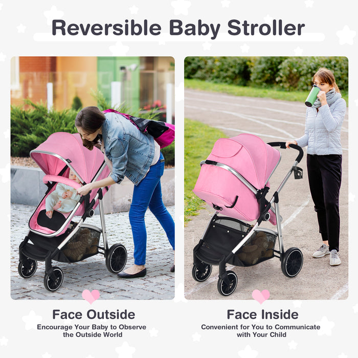 2-in-1 Convertible Baby Stroller with Reversible Seat-Pink