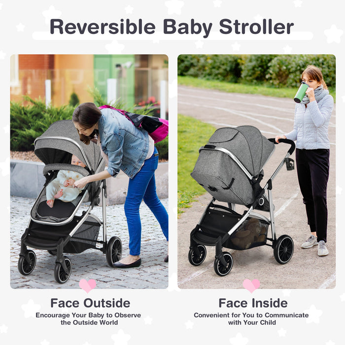 2-in-1 Convertible Baby Stroller with Reversible Seat-Gray