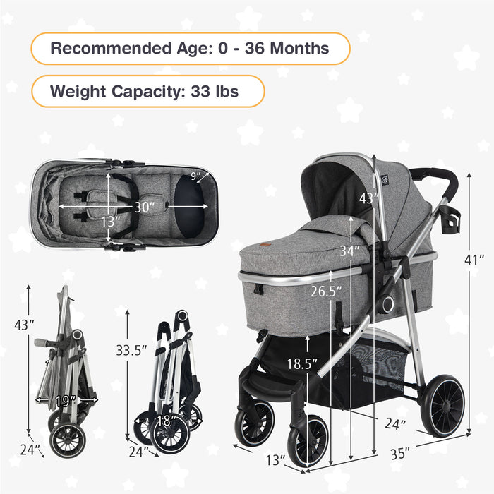 2-in-1 Convertible Baby Stroller with Reversible Seat-Gray