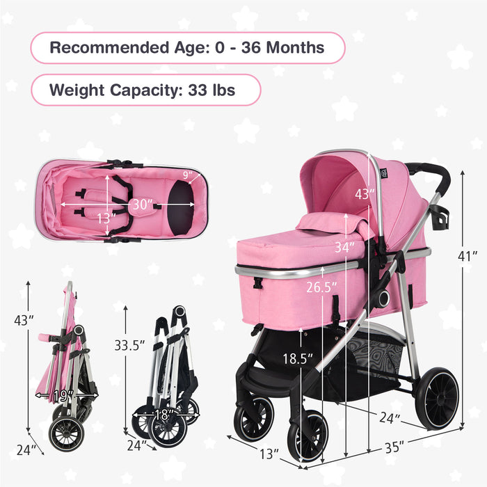 2-in-1 Convertible Baby Stroller with Reversible Seat-Pink