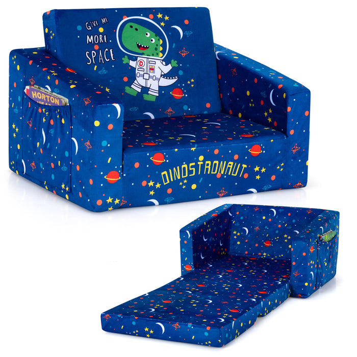 2-in-1 Convertible Kids Sofa with Velvet Fabric-Blue