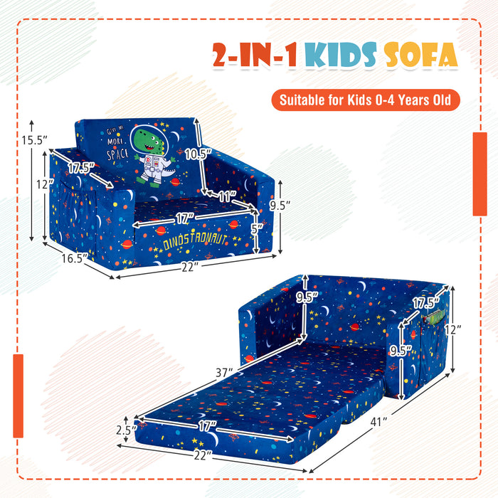 2-in-1 Convertible Kids Sofa with Velvet Fabric-Blue