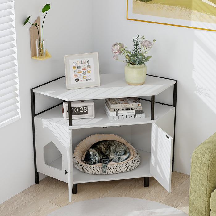 Corner Cat Litter Box Enclosure with Open Shelf 2 Entrances and Metal Legs-White