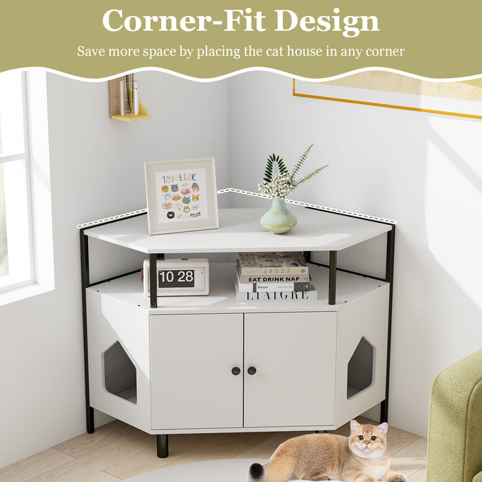 Corner Cat Litter Box Enclosure with Open Shelf 2 Entrances and Metal Legs-White