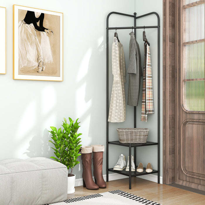 Corner Coat Rack with Top Hanger and 2 Mesh Shelves for Entryway Hallway Living Room Bedroom-Black