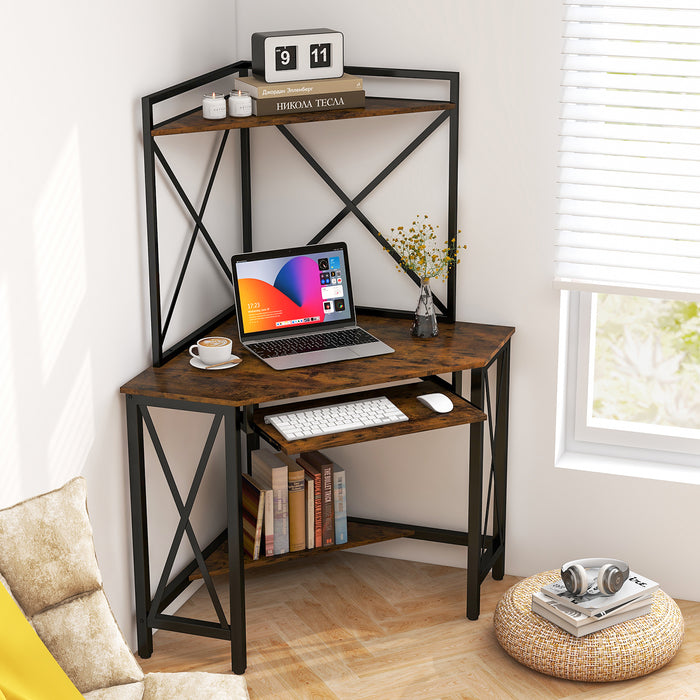 Space-Saving Corner Computer Desk with with Hutch and Keyboard Tray-Rust Brown