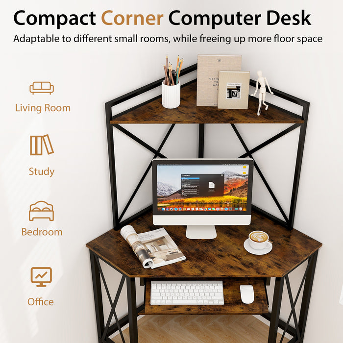 Space-Saving Corner Computer Desk with with Hutch and Keyboard Tray-Rust Brown