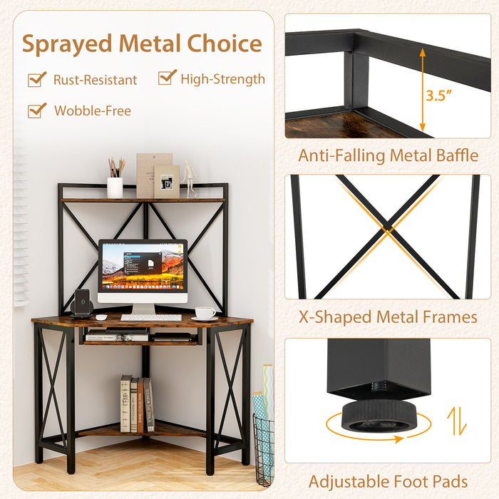 Space-Saving Corner Computer Desk with with Hutch and Keyboard Tray-Rust Brown