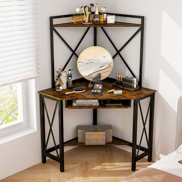 Space-Saving Corner Computer Desk with with Hutch and Keyboard Tray-Rust Brown