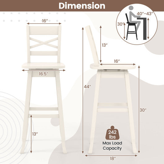 Swivel 30-Inch Bar Height Stool Set of 2 with Footrest-Cream White