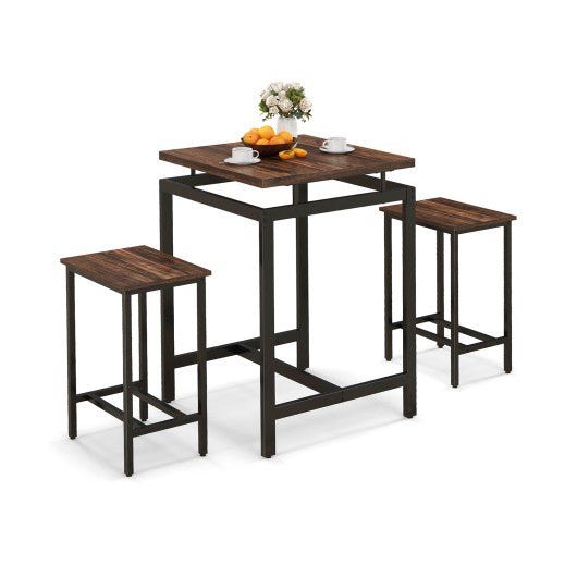 3 Pieces Pub Dining Table Set with Floating Tabletop and Footrest-Rustic Brown