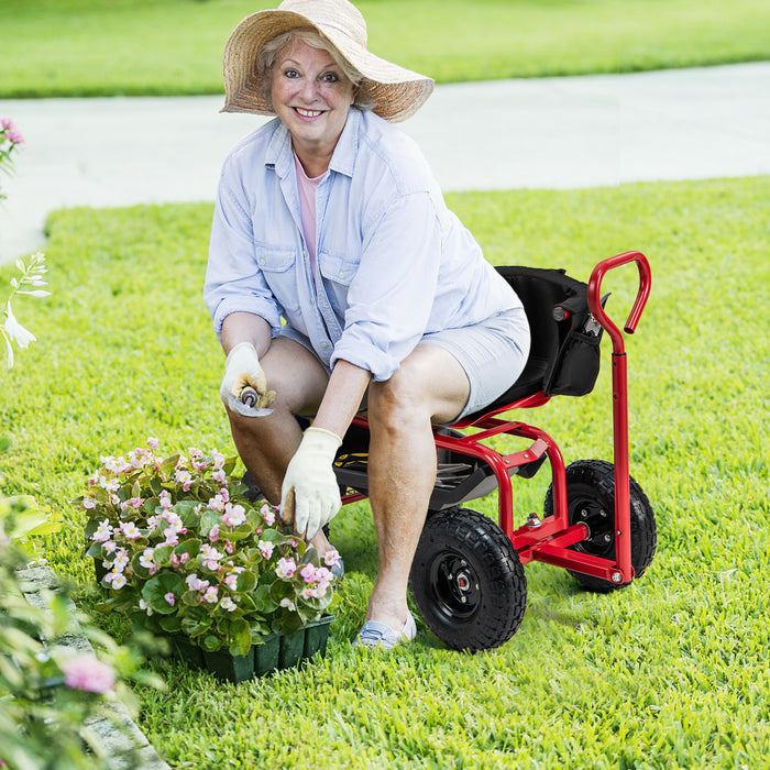 Cushioned Rolling Garden Cart Scooter with Storage Basket and Tool Pouch-Black & Red