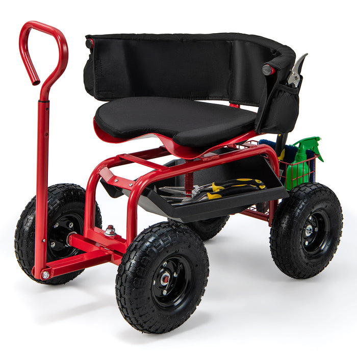 Cushioned Rolling Garden Cart Scooter with Storage Basket and Tool Pouch-Black & Red