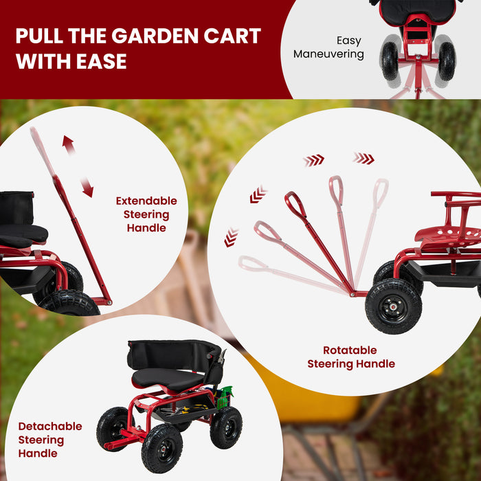 Cushioned Rolling Garden Cart Scooter with Storage Basket and Tool Pouch-Black & Red