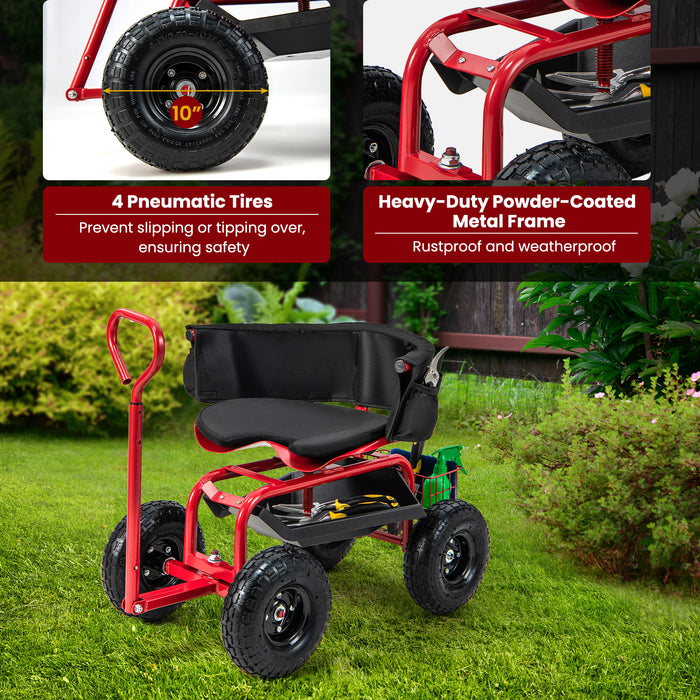 Cushioned Rolling Garden Cart Scooter with Storage Basket and Tool Pouch-Black & Red