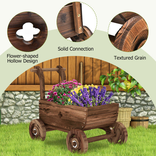 Decorative Wooden Wagon Cart with Handle Wheels and Drainage Hole-Rustic Brown