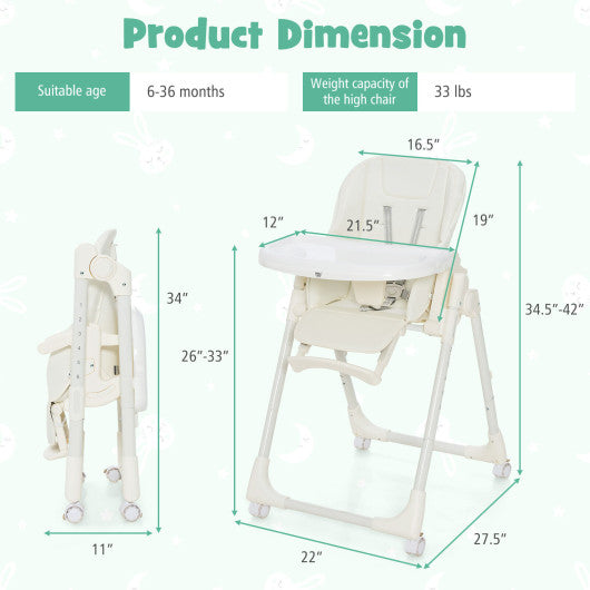 Folding High Chair with Height Adjustment and 360Â° Rotating Wheels