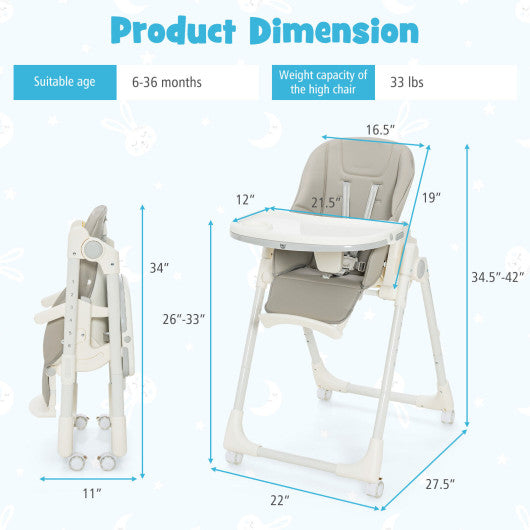 Folding High Chair with Height Adjustment and 360Â° Rotating Wheels-Gray