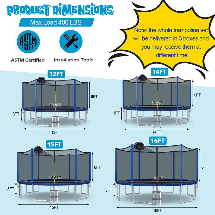 15/16 Feet Outdoor Recreational Trampoline with Enclosure Net-16 ft