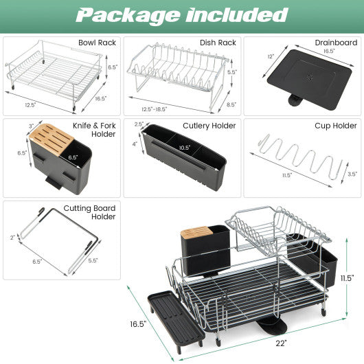 2-Tier Detachable Dish Rack with Drainboard and 360Â° Swivel Spout