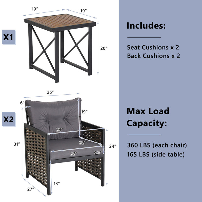 3 Piece Patio Rattan Furniture Set with Acacia Wood Tabletop