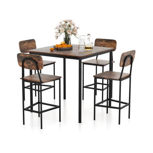 5 Pieces Industrial Dining Table Set with Counter Height Table and 4 Bar Stools-Coffee