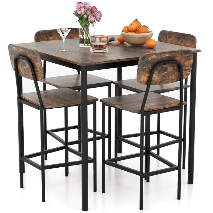 5 Pieces Industrial Dining Table Set with Counter Height Table and 4 Bar Stools-Coffee