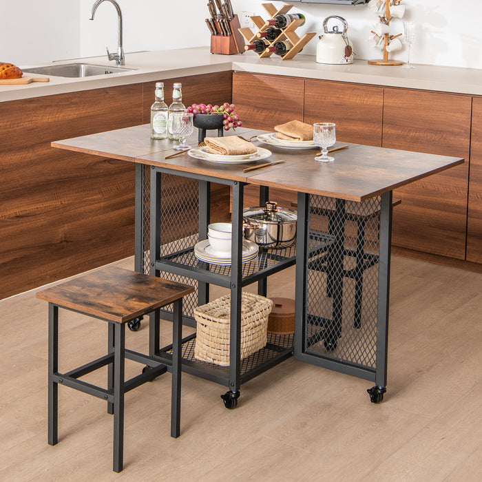 Drop Leaf Expandable Dining Table Set with Lockable Wheels-Brown