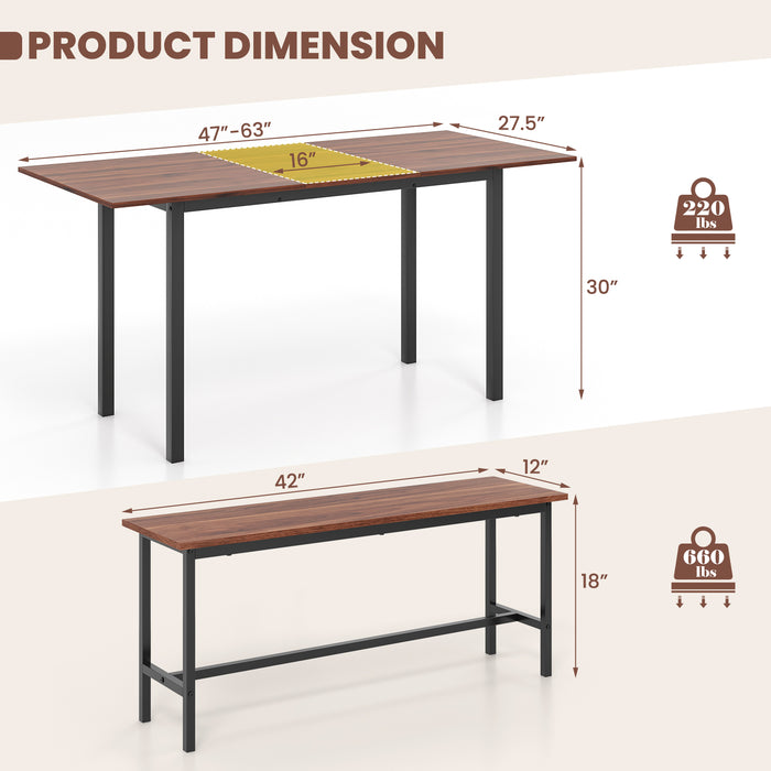 3 Piece Dining Table Set for 4-6 with 2 Benches-Walnut