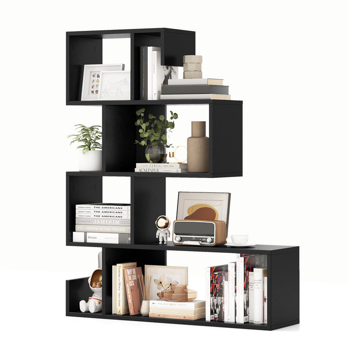 5-Tier S-Shaped Bookshelf Geometric Z-Shelf Bookcase with Open Cubes-Black