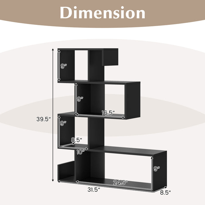 5-Tier S-Shaped Bookshelf Geometric Z-Shelf Bookcase with Open Cubes-Black