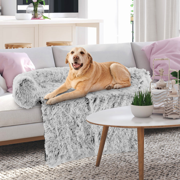 Gray Plush Calming Dog Couch Bed with Anti-Slip Bottom-L