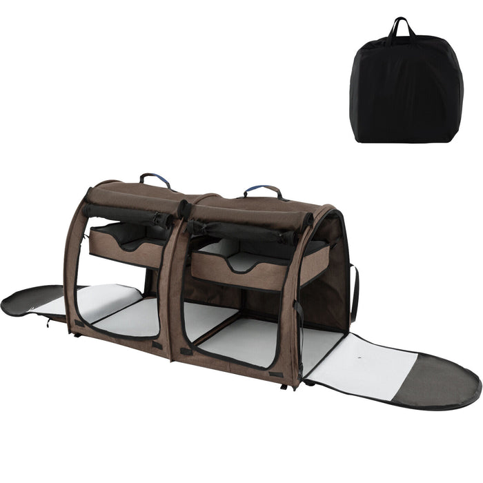 Double Compartment Pet Carrier with 2 Removable Hammocks-Brown