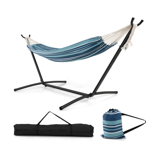 Portable Indoor Outdoor 2-Person Double Hammock Set with Stand and Carrying Cases-Blue