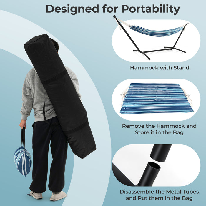 Portable Indoor Outdoor 2-Person Double Hammock Set with Stand and Carrying Cases-Blue