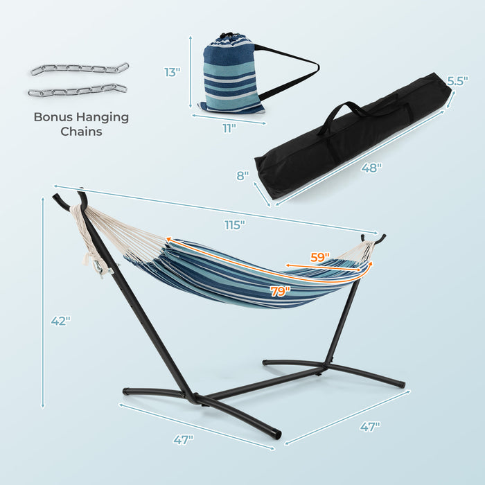 Portable Indoor Outdoor 2-Person Double Hammock Set with Stand and Carrying Cases-Blue