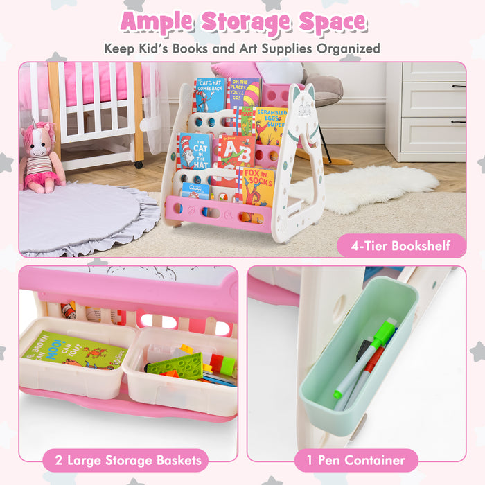 3-In-1 Double Sided Magnetic Dry-Erase Board with Stool and Flipped Writing Desktop-Pink