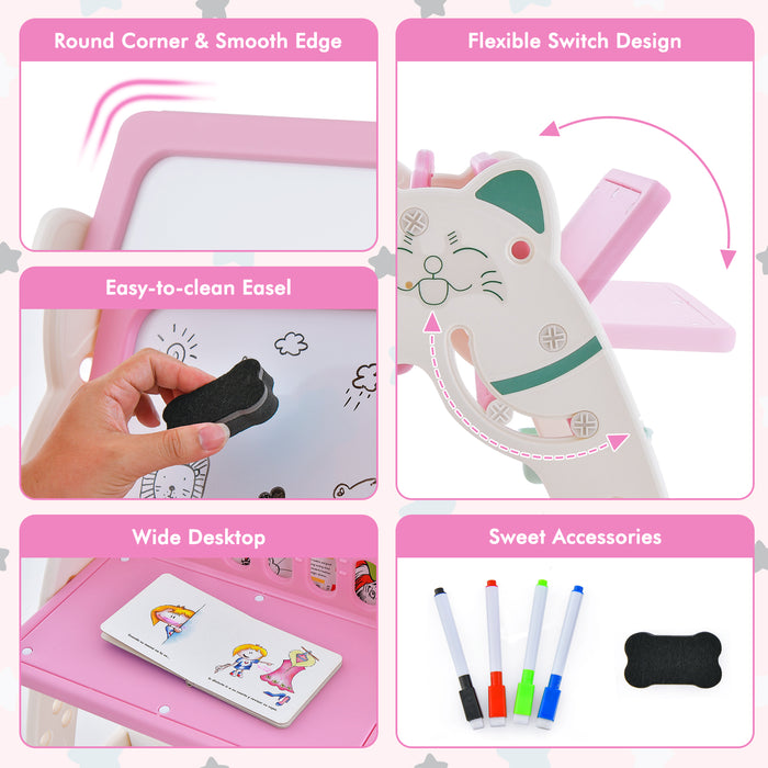 3-In-1 Double Sided Magnetic Dry-Erase Board with Stool and Flipped Writing Desktop-Pink