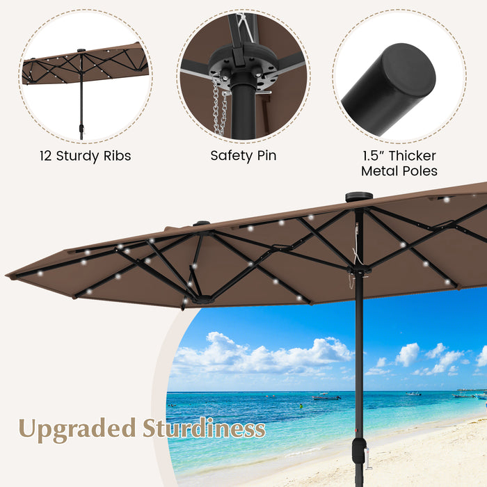 13FT Double-sided Patio Umbrella with Solar Lights for Garden Pool Backyard-Coffee