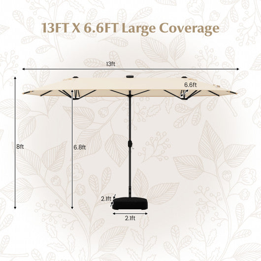 13FT Double-sided Patio Umbrella with Solar Lights for Garden Pool Backyard-Beige