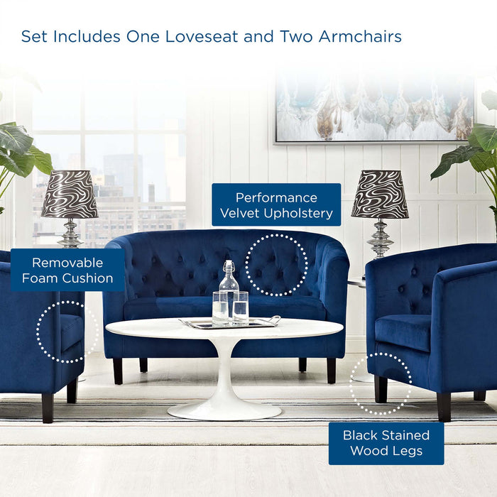 Prospect 3 Piece Performance Velvet Loveseat and Armchair Set