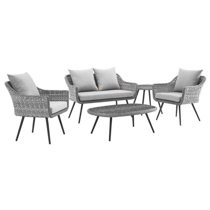 Endeavor 5 Piece Outdoor Patio Wicker Rattan Loveseat Armchair Coffee + Side Table Set