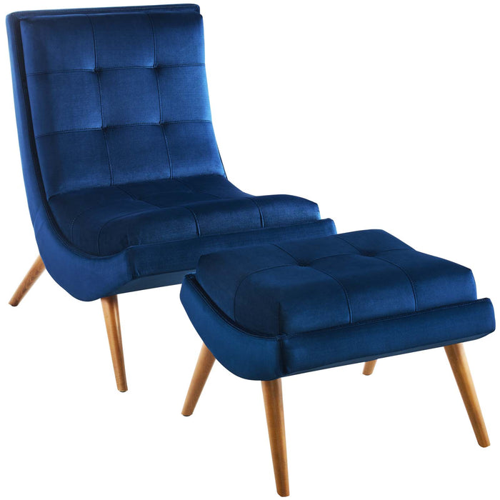 Ramp Upholstered Performance Velvet Lounge Chair and Ottoman Set