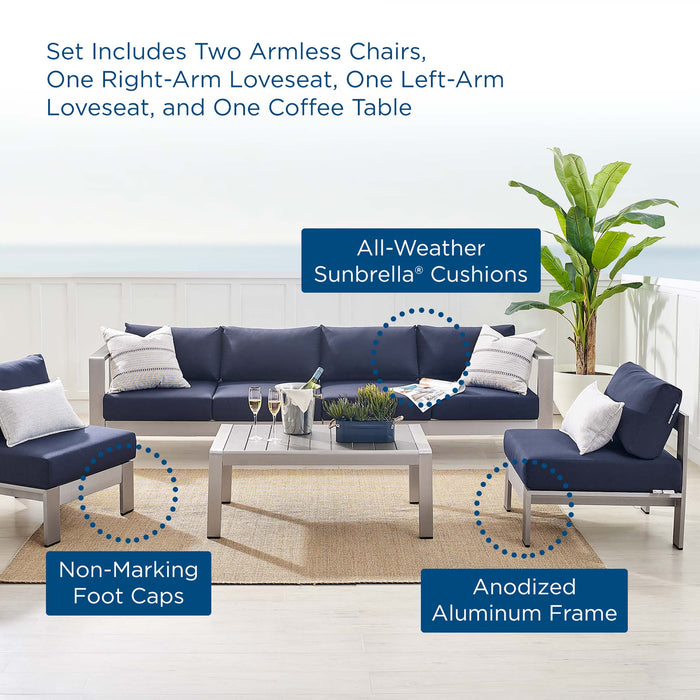 Shore Sunbrella® Fabric Outdoor Patio Aluminum 5 Piece Sectional Sofa Set