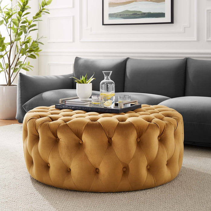 Amour Tufted Button Large Round Performance Velvet Ottoman