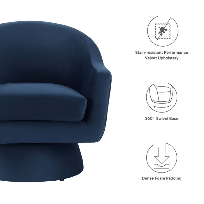 Astral Performance Velvet Fabric and Wood Swivel Chair